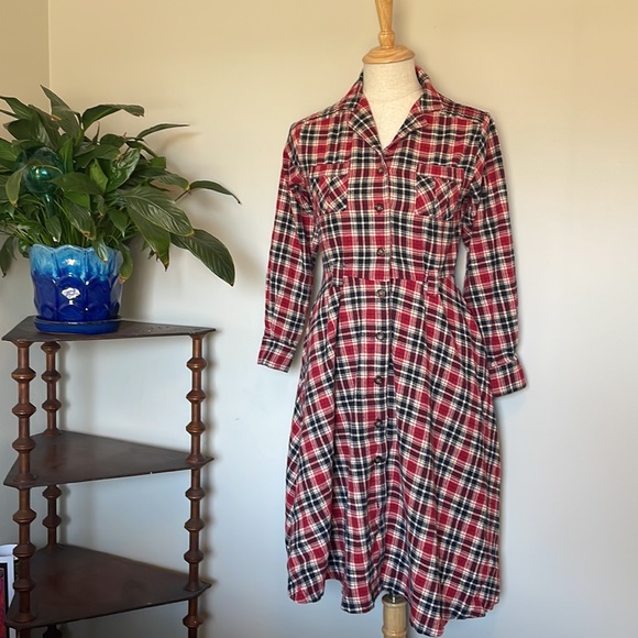 Tatyana Dresses & Skirts - Tatyana Retro 40s 50s Navy & Red Plaid Flannel Shirt Dress